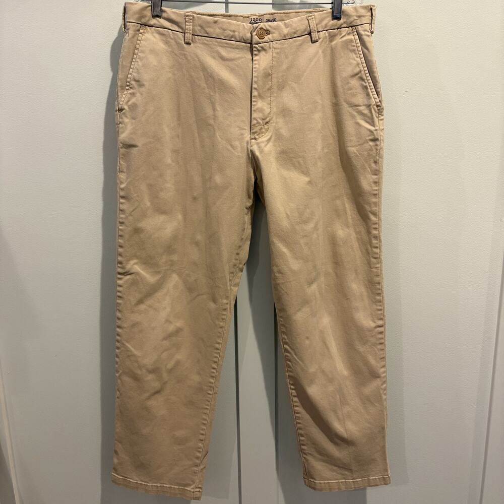 Izod Saltwater Chino Men Size 34x28 (Tag 36x30) Tan Khaki Pants Straight Stretch